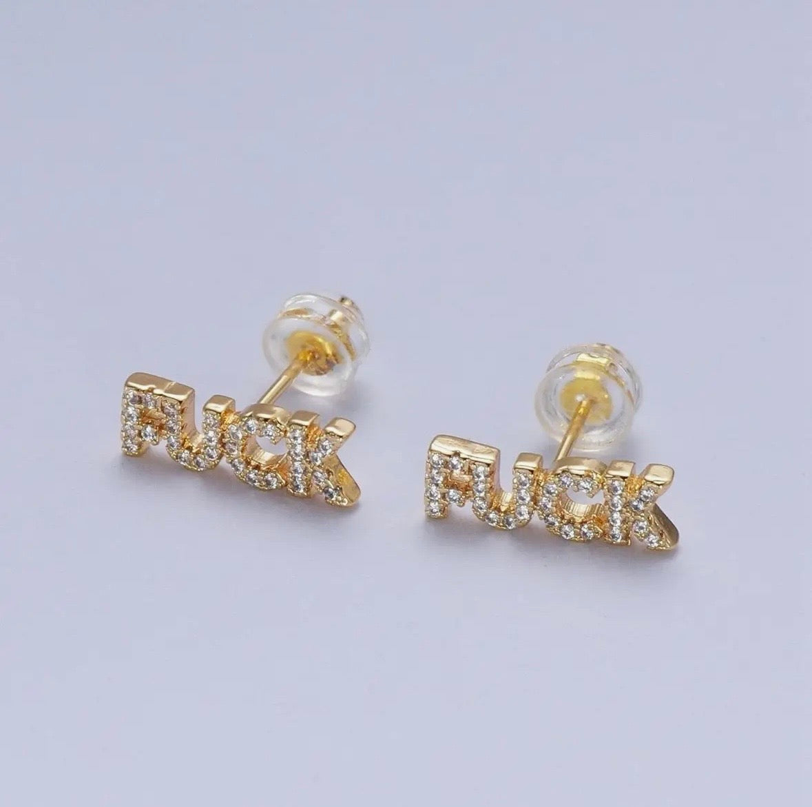 "Fuck" Script Micro Pave Stud Earrings